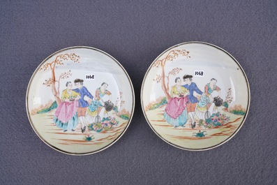 Two fine Chinese famille rose 'European subject' cups and saucers, Qianlong